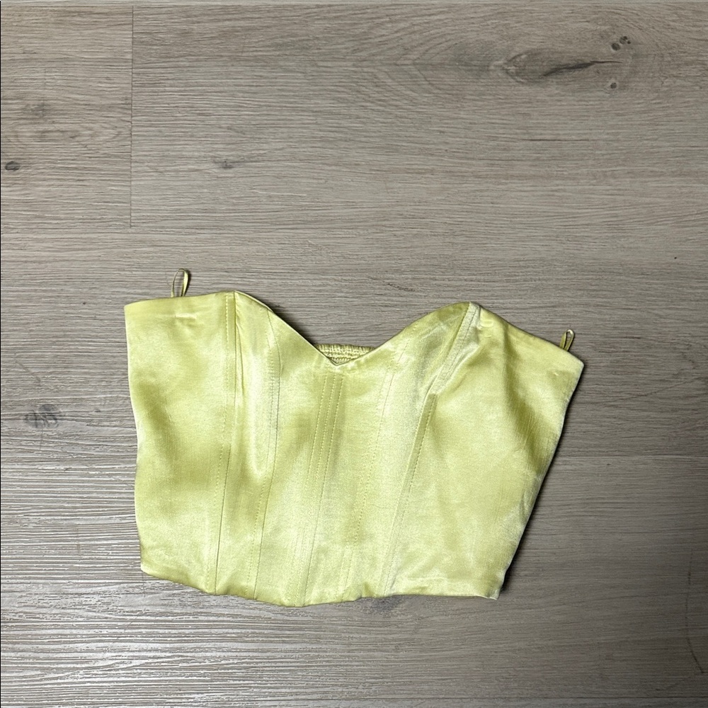 Zara Princess Neckline Satin Smocked Back Light Yellow Crop Top
